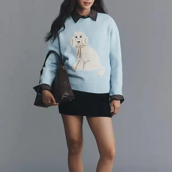 Anthropologie POODLE Maeve DOG ICON sweater light blue crew neck Pullover M NWT - Picture 2 of 14